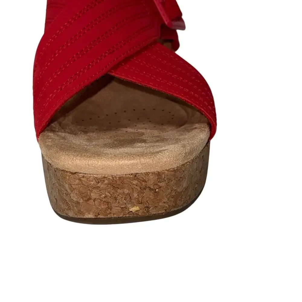 Clarks Collection Nerisa West Buckle Wedge Sandals Cherry Nubuck SZ/12 M